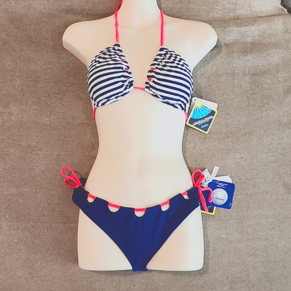 Fabletics Swim Wear Alani Navy Blue & White Striped Bikini top & bottom set